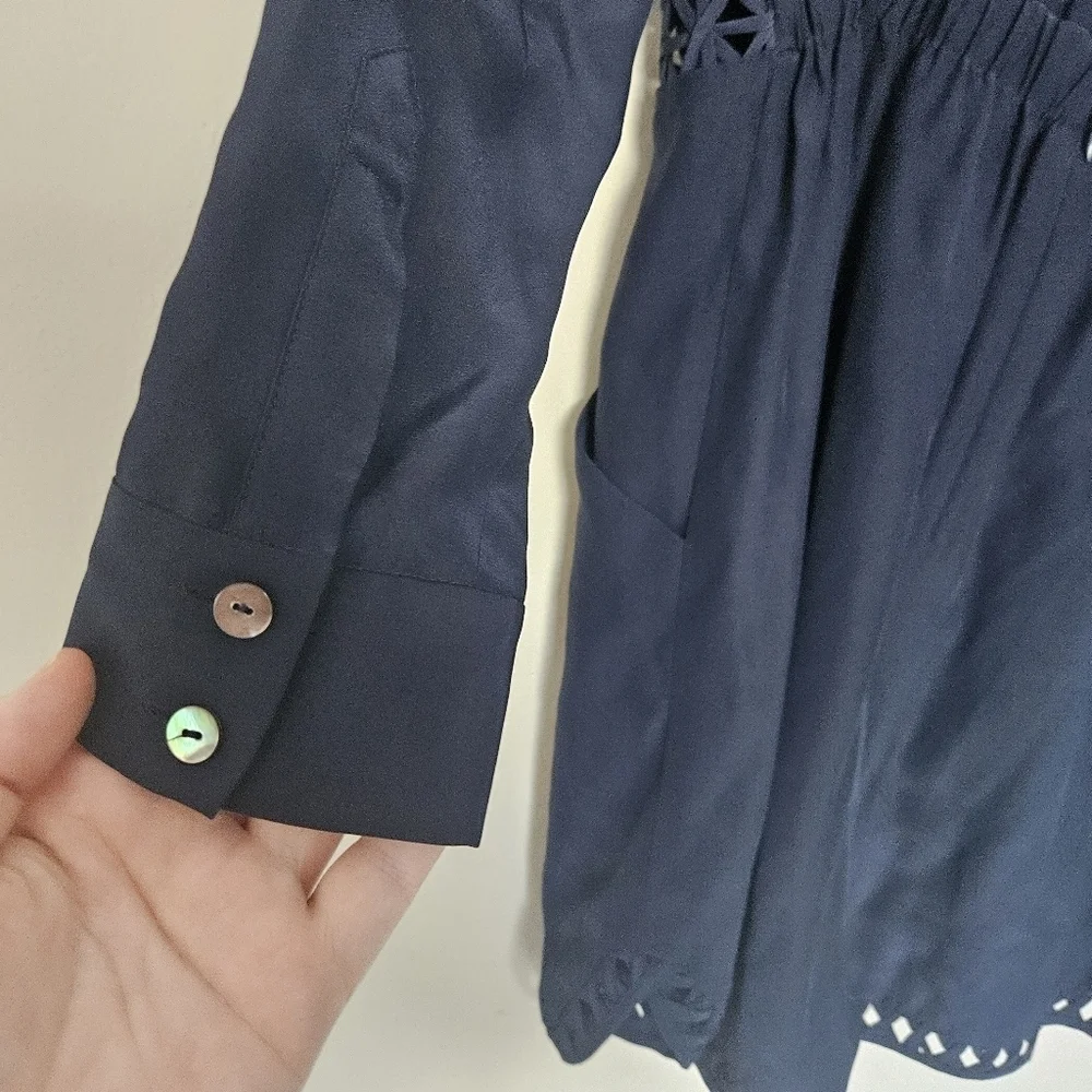 JONATHAN SIMKHAI | Silk Navy Blue Crossbar Romper Jumpsuit | Size S